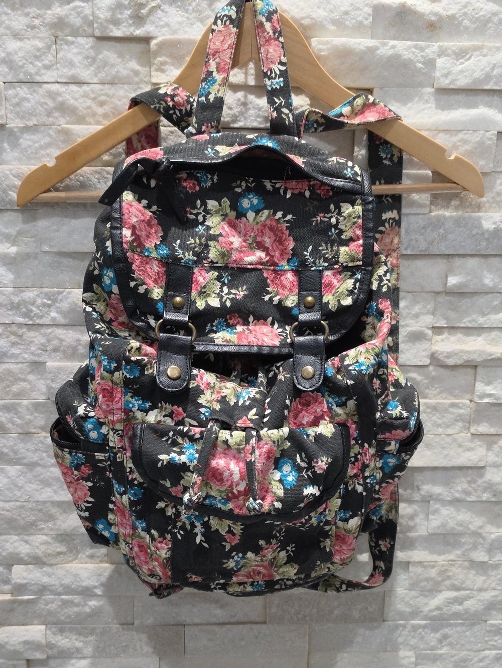 Stone Mountain Accessories Black Floral Canvas Backpack with Pink & Blue Blooms